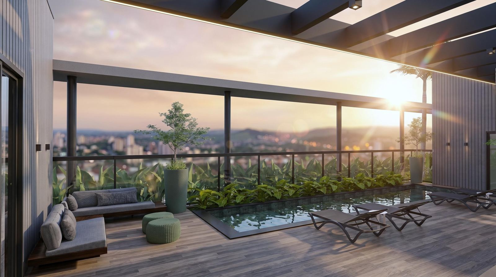 Deck do rooftop do Connect Studios ao entardecer, com vista para Cuiabá